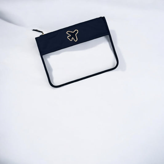 Ready to send clear navy pouch with navy aeroplane