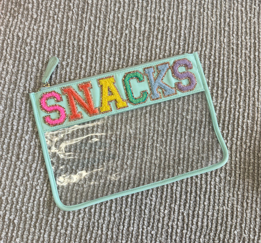 Clear mint pouch ‘SNACKS’ hot pink, peace, bright yellow, green, baby blue, lilac