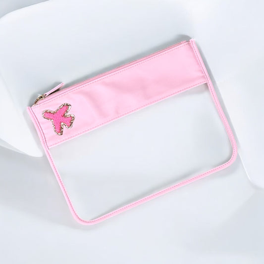Ready to send clear baby pink pouch with hot pink aeroplane