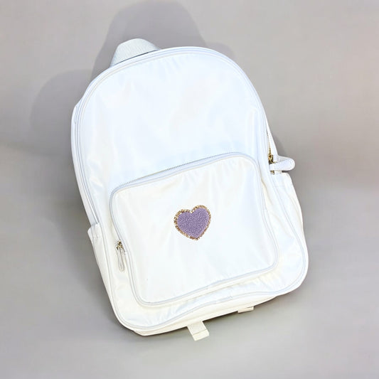 Ready to send white backpack with lilac heart